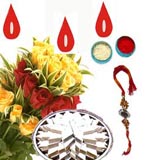Rakhi Gifts with 24 Red and Yellow Rose Bouquet and 1 Kg Kaju Sweets with Free Rakhi to Chennai Delivery